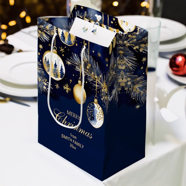 Frohe Weihnachtsgrüße goldblaue Baubles Mittlere Geschenktüte (Merry Christmas greetings gold navy blue baubles Medium Gift Bag)