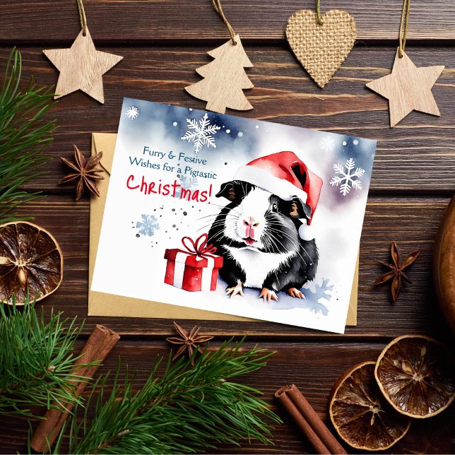 Frohe Weihnachtsgrüße Guinea Haustier Postkarte (Guinea pig Christmas greeting postcard cute watercolor Guinea pig wearing Santa hat with a gift)
