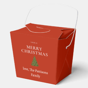 Frohe Weihnachtsgrüße mit Baum auf roten Sitten Geschenkschachtel