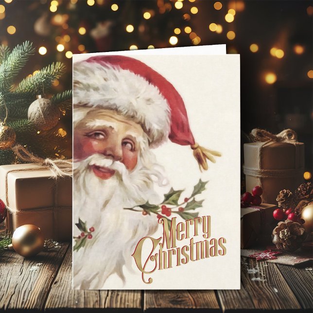 Frohe Weihnachtsgrüße Retro Weihnachtskarte Feiertagskarte (Vintage Christmas cards gold foil Christmas card with retro Santa Claus)