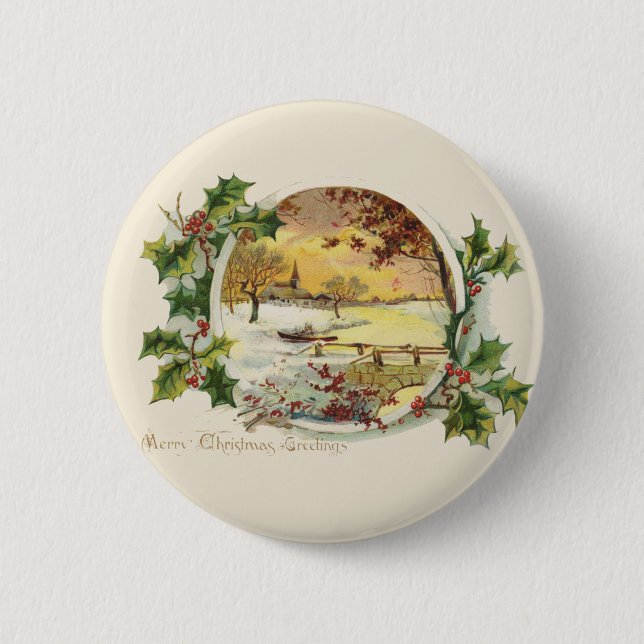 Frohe Weihnachtsgrüße Vintage Dorfszene Button (Vorderseite)