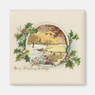 Frohe Weihnachtsgrüße Vintage Dorfszene Magnet