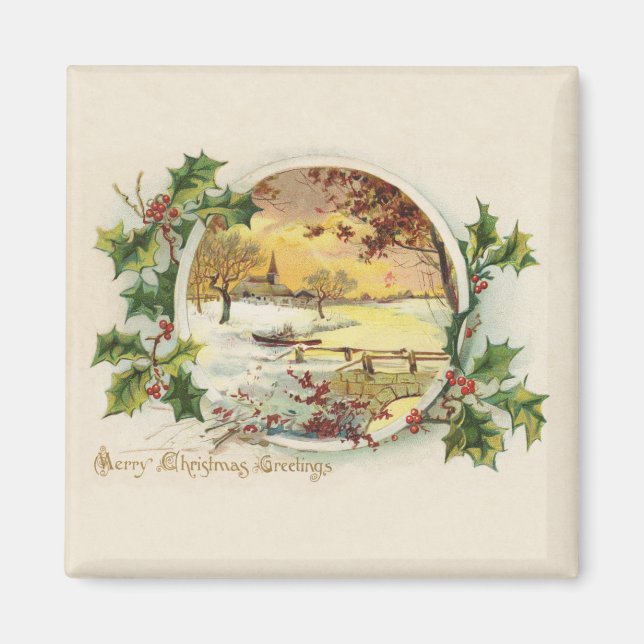 Frohe Weihnachtsgrüße Vintage Dorfszene Magnet (Vorne)