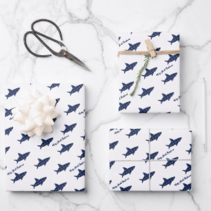 Frohe Weihnachtshai Blue Black Buffalo Kariert Geschenkpapier Set