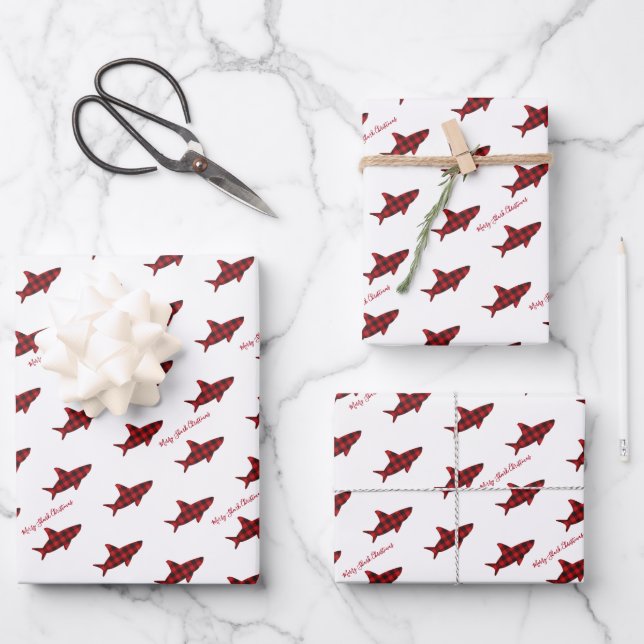 Frohe Weihnachtshai Red Black Buffalo Kariert Geschenkpapier Set (Vorderseite)