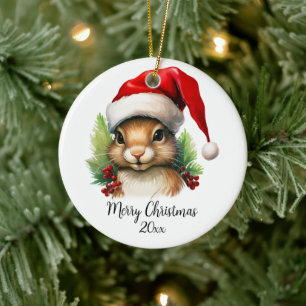 Frohe Weihnachtshörnchen in Weihnachtsmannmütze Ho Keramik Ornament