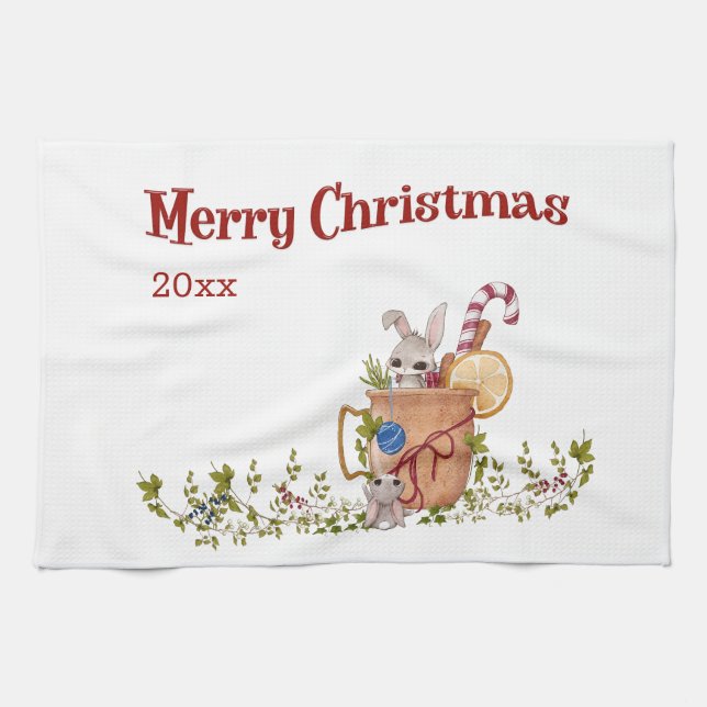 Frohe Weihnachtshrabbit Teasing Bunny mit dem Jahr Geschirrtuch (Horizontal)
