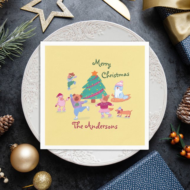 Frohe Weihnachtshunde Eis Skaten Name Pastel Yello Serviette (Von Creator hochgeladen)