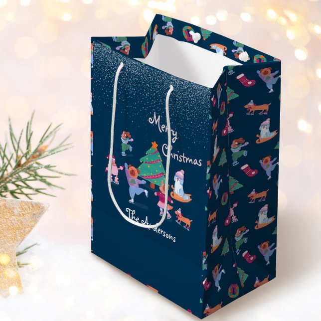 Frohe Weihnachtshunde Eis Skaten Winter Navy Blue Mittlere Geschenktüte (Von Creator hochgeladen)