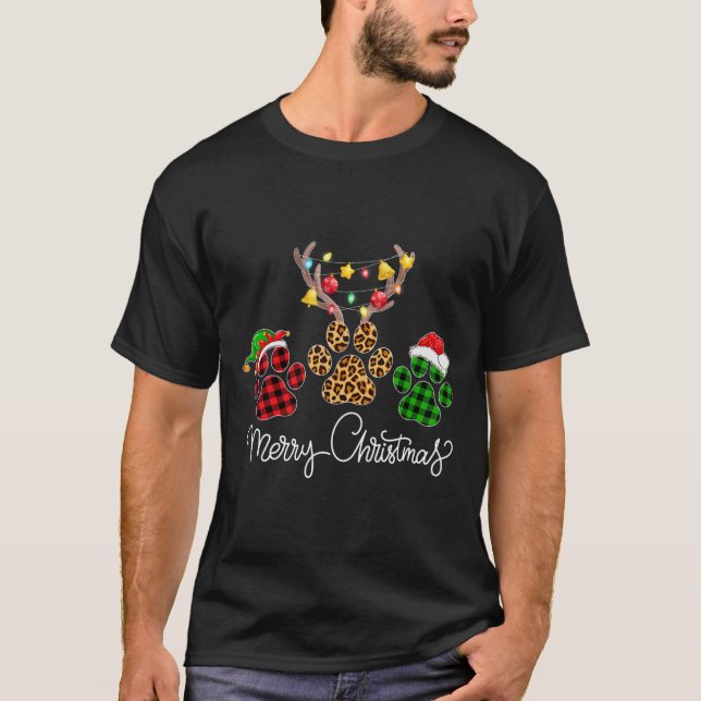 Frohe Weihnachtshunde Paws Lights Buffalo Kariert  T-Shirt (Vorderseite)