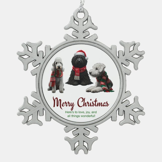 Frohe Weihnachtshunde Schneeflocken Zinn-Ornament (Vorderseite)