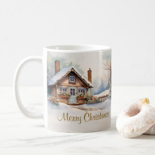 Frohe Weihnachtshütte in verschneiten Landschaften Kaffeetasse