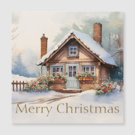 Frohe Weihnachtshütte in verschneiten Landschaften Magnetkarte