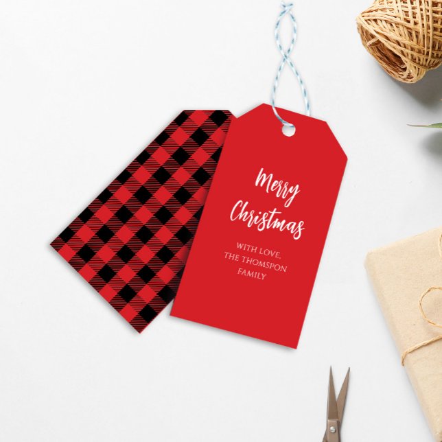 Frohe Weihnachtskalligrafie Buffalo Karo Geschenkanhänger (Merry Christmas calligraphy script buffalo check pattern gift tag. )