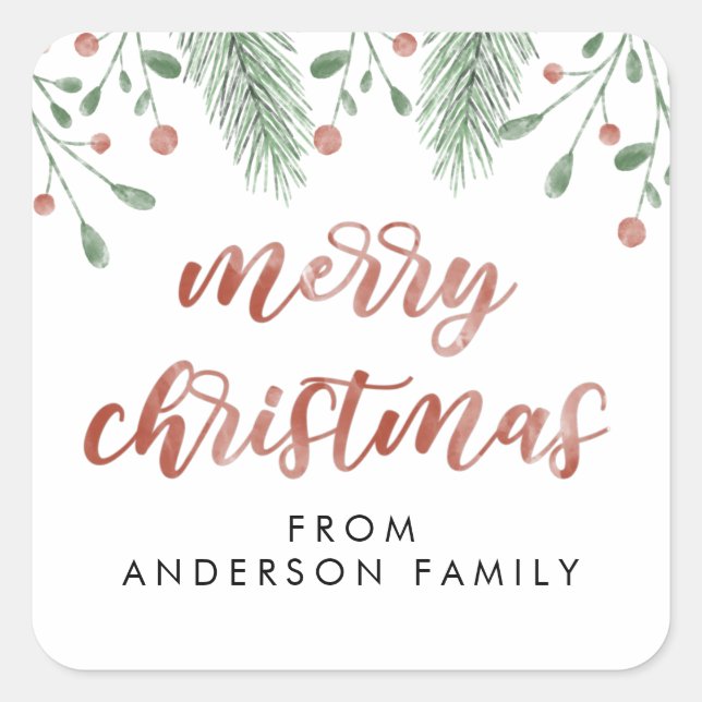 Frohe Weihnachtskalligrafie Cherry Botanical Quadratischer Aufkleber (Vorderseite)