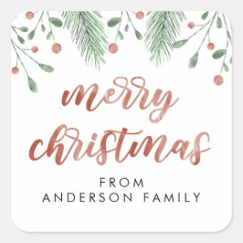 Frohe Weihnachtskalligrafie Cherry Botanical Quadratischer Aufkleber