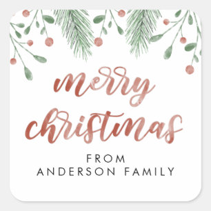 Frohe Weihnachtskalligrafie Cherry Botanical Quadratischer Aufkleber