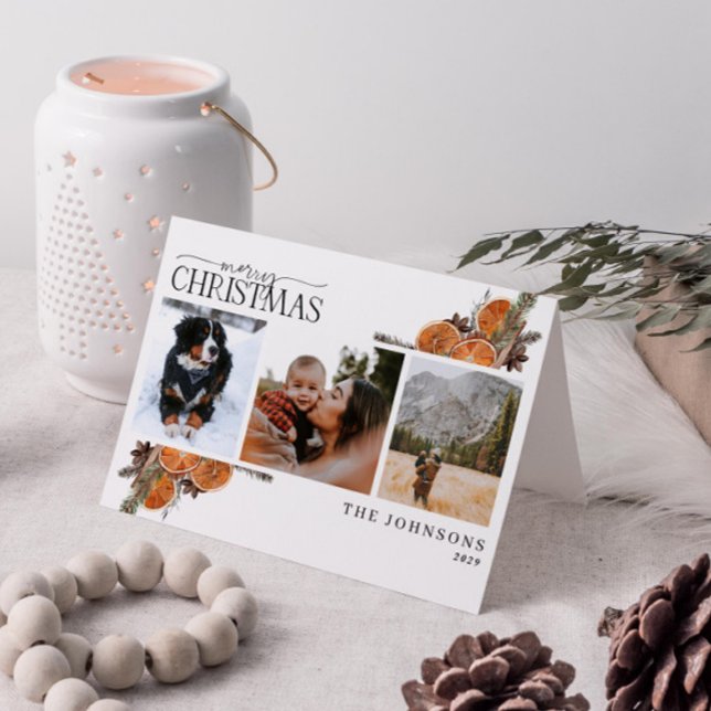 Frohe Weihnachtskalligrafie Citrus Botanisches Fot Feiertagskarte (Get into the holiday spirit with a heartfelt folded christmas card! 🎅)
