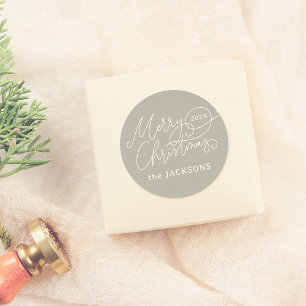 Frohe Weihnachtskalligrafie Elegant Sage Green Runder Aufkleber