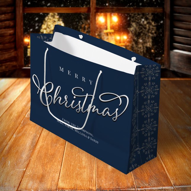 Frohe Weihnachtskalligrafie Navy Blue Snowflake Große Geschenktüte (Merry Christmas holiday snowflake pattern large gift bag.)