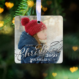 Frohe Weihnachtskalligrafie Navy Kariertes Foto Keramikornament