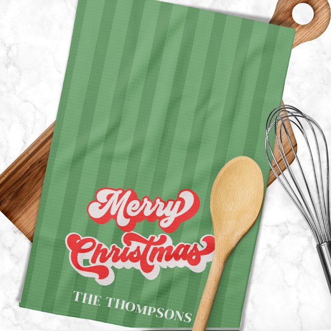 Frohe Weihnachtskalligrafie Retro Style Red Green Geschirrtuch (Whimsical red and green script. )