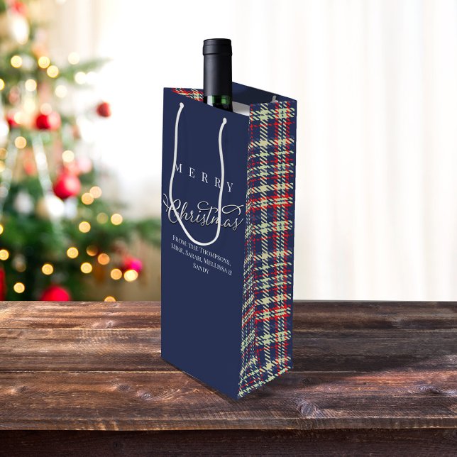 Frohe Weihnachtskalligrafie Script Navy Blue Karie Geschenktüte Für Weinflaschen (Merry Christmas navy blue plaid wine gift bag.)