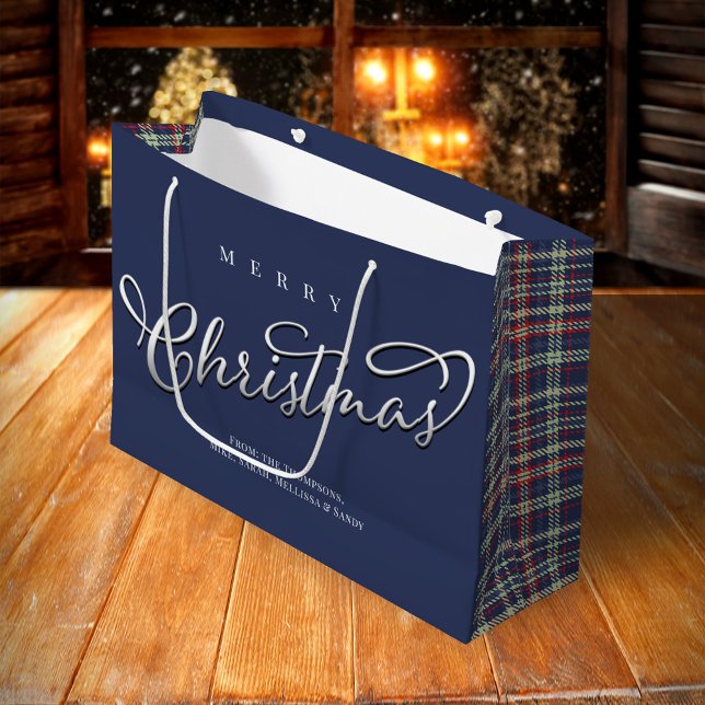 Frohe Weihnachtskalligrafie Script Navy Blue Karie Große Geschenktüte (Merry Christmas holiday navy blue large gift bag,)