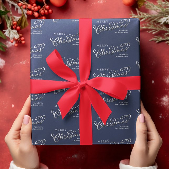 Frohe Weihnachtskalligrafie Script Navy Blue Niedl Geschenkpapier (Merry Christmas custom navy blue and silver wrapping paper. )