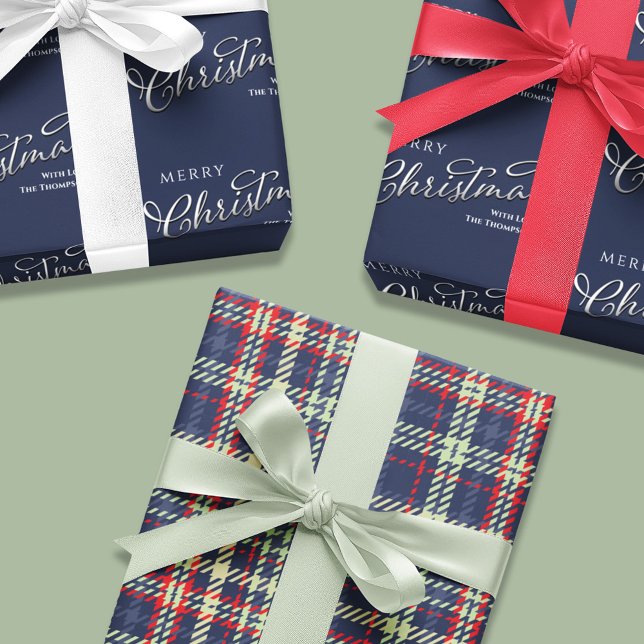 Frohe Weihnachtskalligrafie Script Navy Blue Niedl Geschenkpapier Set (Merry Christmas navy blue and plaid pattern wrapping paper sheets. )