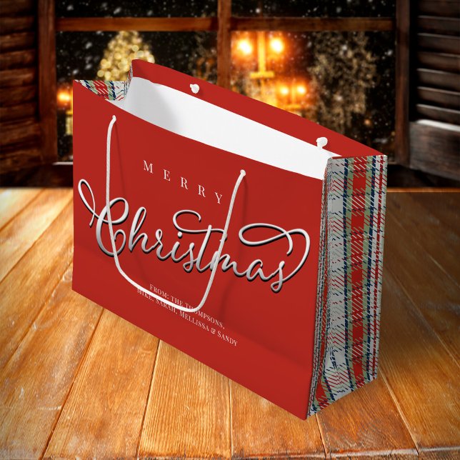 Frohe Weihnachtskalligrafie Script Niedlich Red Ka Große Geschenktüte (Merry Christmas holiday red and green plaid pattern gift bag.)