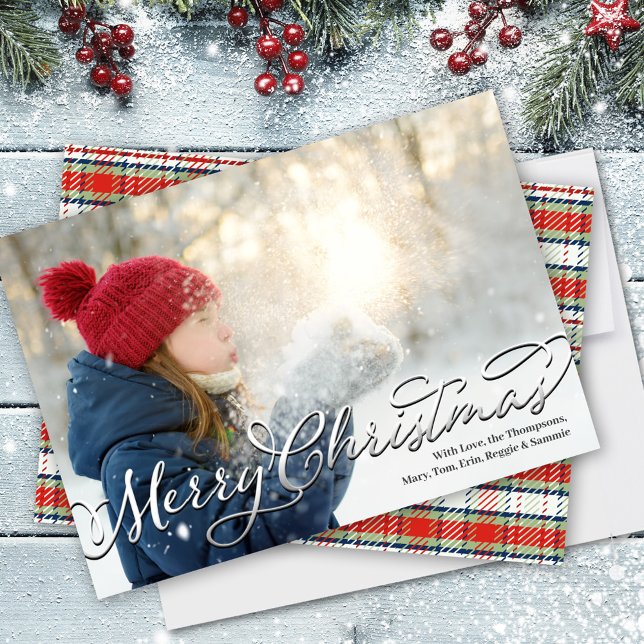 Frohe Weihnachtskalligrafie Script Red Kariert Feiertagskarte (Merry Christmas Calligraphy Script Photo Greeting Card)