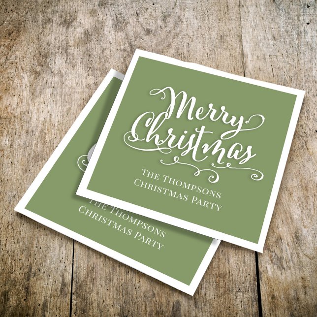 Frohe Weihnachtskalligrafie Script Simple Green Serviette (Merry Christmas holiday green napkins. Editable background. )