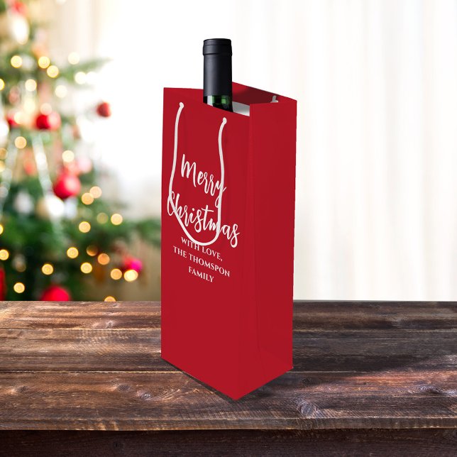 Frohe Weihnachtskalligrafie Script Simple Red Geschenktüte Für Weinflaschen (Merry Christmas white calligraphy script simple red wine gift bag)