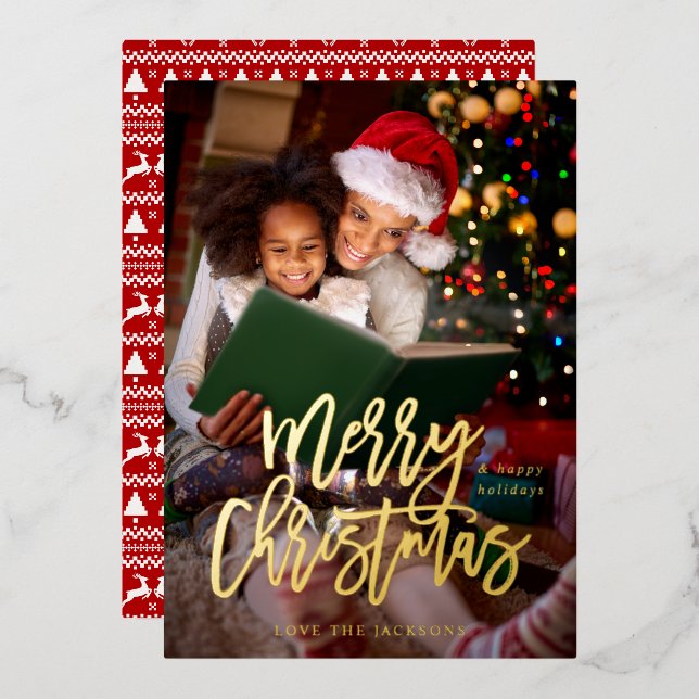 Frohe Weihnachtskalligrafie Vertikales Foto Folieneinladung (Vorderseite/Rückseite)