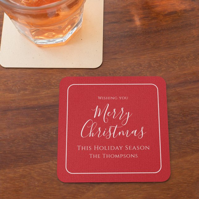 Frohe Weihnachtskalligraphie Einfach Niedlich Red Rechteckiger Pappuntersetzer (Merry Christmas holiday red and white calligraphy paper coaster. )