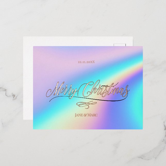 Frohe Weihnachtskalligraphie Holographic Folien Feiertagspostkarte (Vorderseite/Rückseite)
