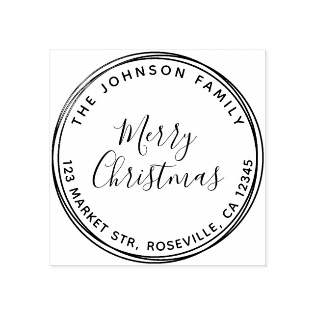Frohe Weihnachtskalligraphie Runde Rücksendeadress Gummistempel (Prägung)