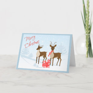 Frohe Weihnachtskarte mit Hirsch, Schnee und Gesch Feiertagskarte