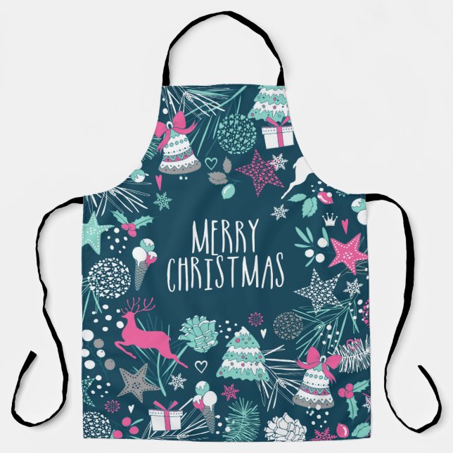 Frohe Weihnachtskarte mit Schneeflocken und Weihna Schürze (Vorderseite)