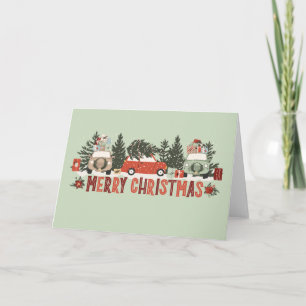Frohe Weihnachtskarte mit Vintage-Autos und Bäumen Karte
