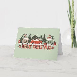 Frohe Weihnachtskarte mit Vintage-Autos und Bäumen Karte