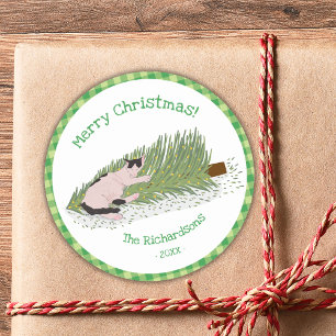 Frohe Weihnachtskatze gegen Tree Green Gingham Runder Aufkleber
