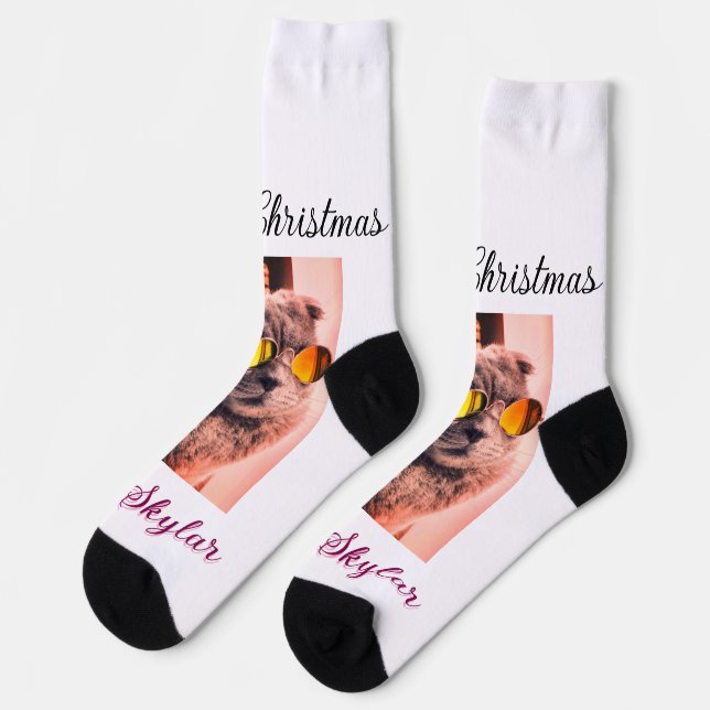 Frohe Weihnachtskatze Haustier Liebe Foto Socken (Linkes Detail)