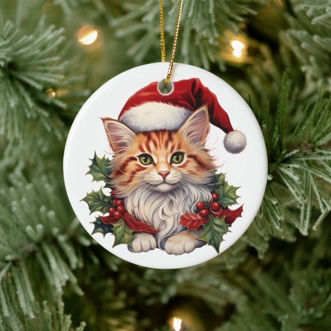 Frohe Weihnachtskatze Kitten in Weihnachtsmannmütz Keramik Ornament (Baum)