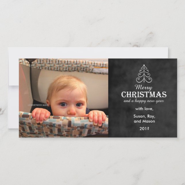 Frohe Weihnachtskhalkboard mit Baum-Fotokarte Feiertagskarte (Vorderseite)