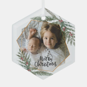 Frohe Weihnachtskiefer und Beeren Foto Ornament Aus Glas