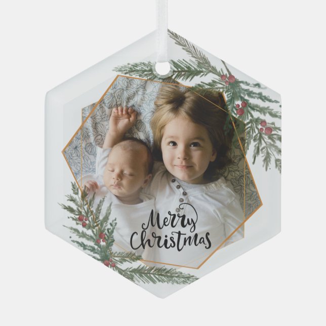 Frohe Weihnachtskiefer und Beeren Foto Ornament Aus Glas (Vorderseite)