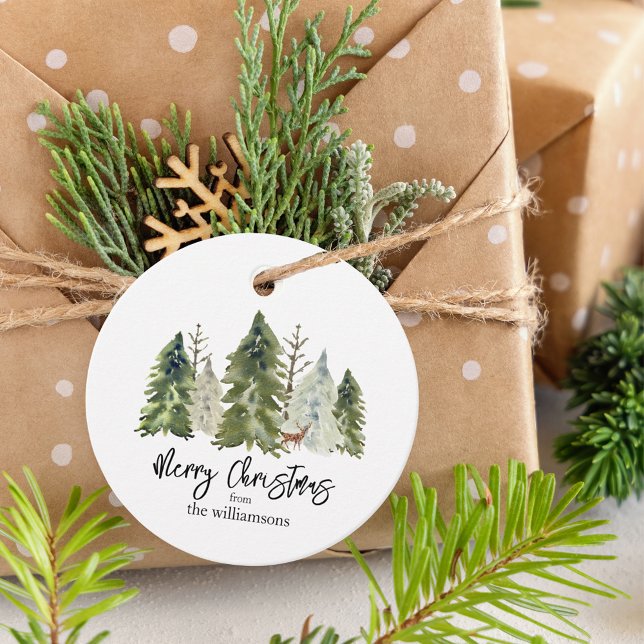 Frohe Weihnachtskiefernbaum Grün Rustikale Wasserf Geschenkanhänger (Von Creator hochgeladen)