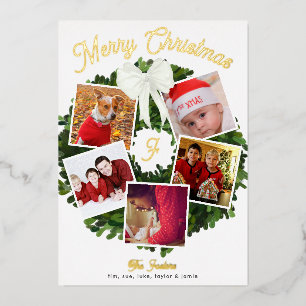Frohe Weihnachtskranz 5 Foto Personalisiert, Gold Folieneinladung